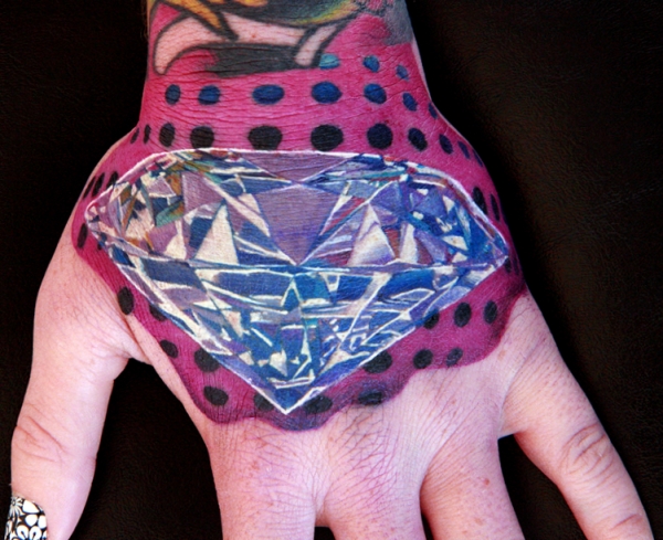 Awesome 3D Diamond Tattoo On Girl Left Hand By Cecil Porter