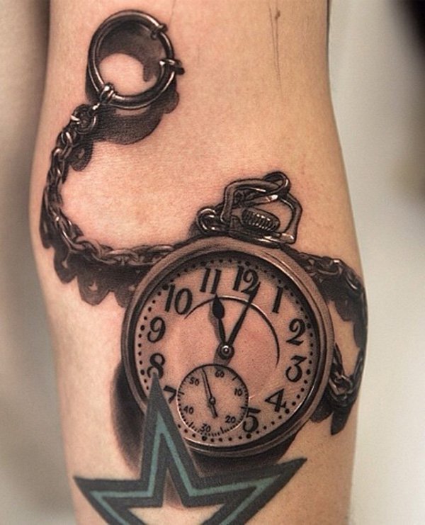 Awesome 3D Pocket Watch Tattoo Design For Forearm