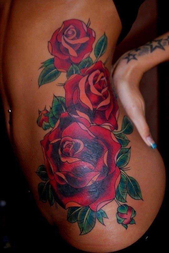 Awesome 3D Red Roses Tattoo On Side Rib