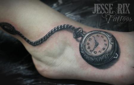 Awesome Black And Grey 3D Pocket Watch Tattoo On Foot