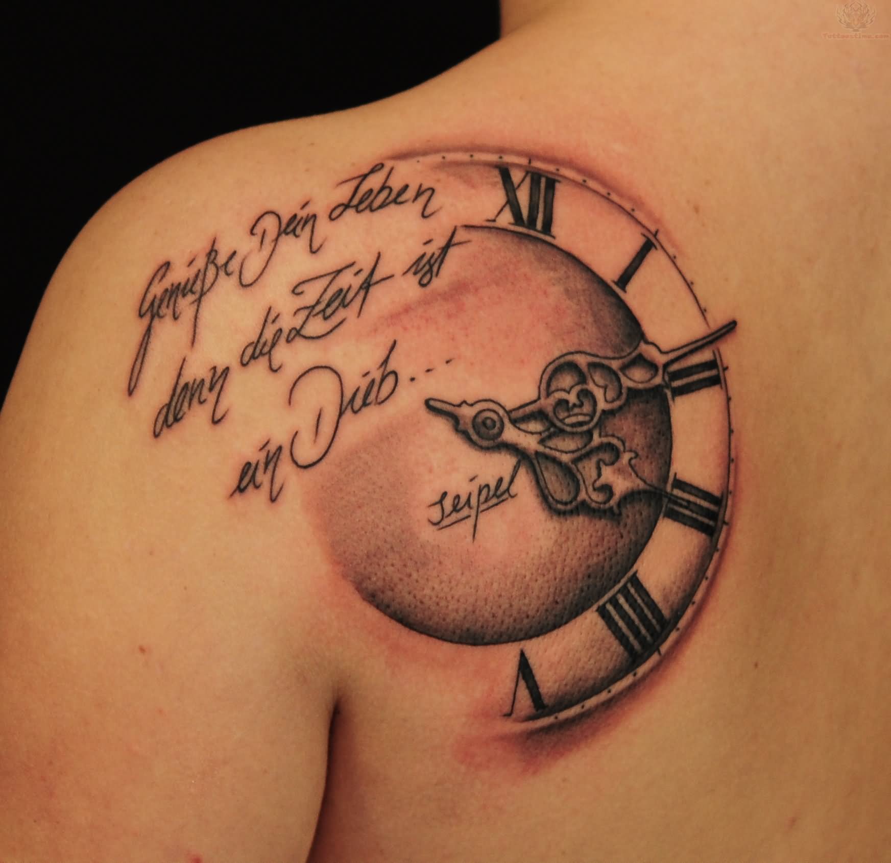 Awesome Black And Grey Clock Tattoo On Left Back Shoulder