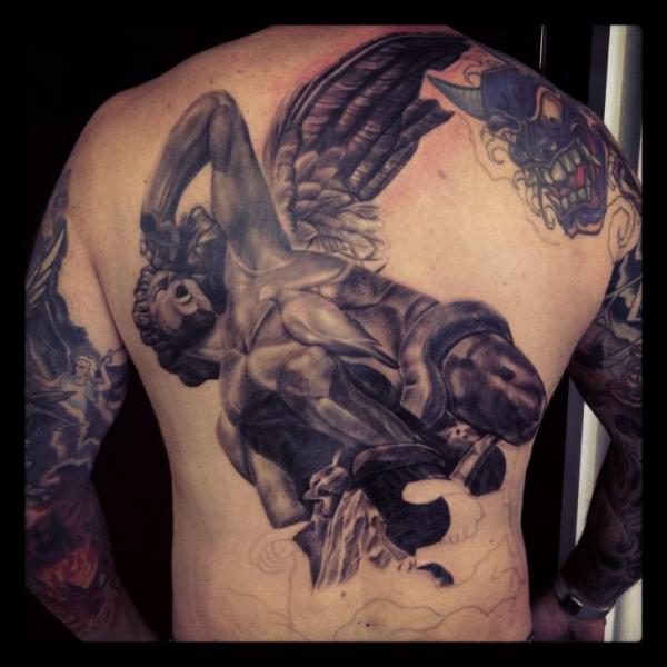 Awesome Black And Grey Statue Tattoo On Man Back By Darren Wright