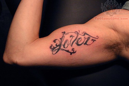 Awesome Lover Lettering Tattoo On Bicep