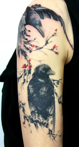 Awesome Two Ravens Tattoo On Half Sleeve