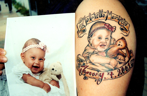 Baby With Teddy And Banner Tattoo On Shoulder