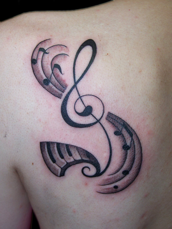 Beautiful Grey Ink Piano Keys And Violin Key Tattoo On Left Back Shoulder