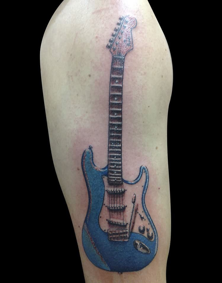 Black And Blue Guitar Tattoo On Half Sleeve
