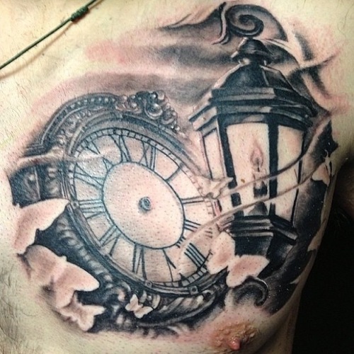 Black And Grey 3D Clock With Candle Lamp Tattoo Design