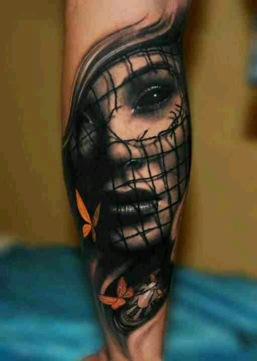 Black And Grey 3D Girl Face Tattoo On Leg Calf By Riccardo Cassese