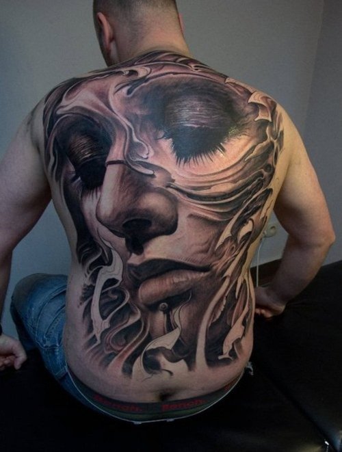 Black And Grey 3D Girl Face Tattoo On Man Full Back