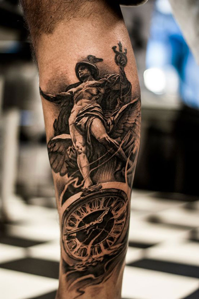 Black And Grey 3D Man With Clock Statue Tattoo Design For Leg