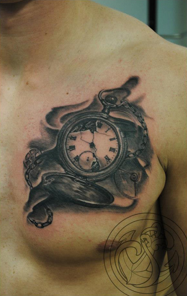Black And Grey 3D Pocket Watch Tattoo On Man Chest