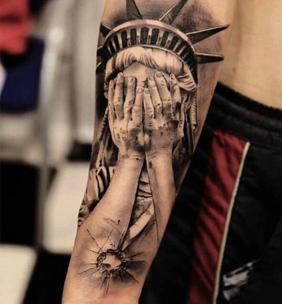Black And Grey 3D Statue Of Liberty Hiding Face Statue Tattoo Design For Sleeve