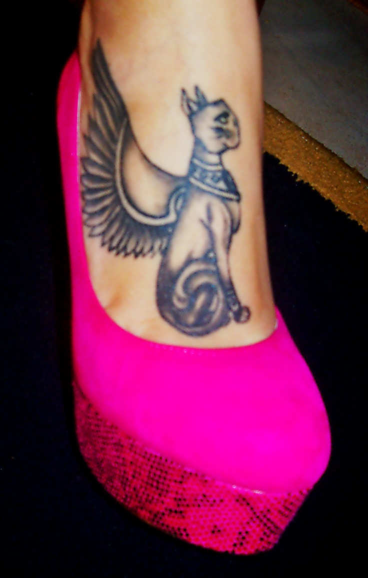 Black And Grey Bastet With Wings Tattoo On Girl Foot