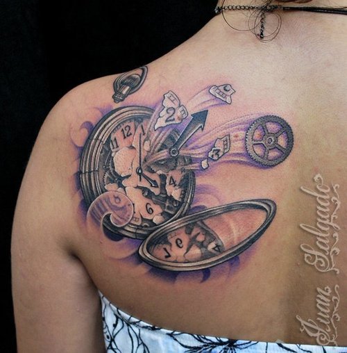 Black And Grey Broken Clock Tattoo On Girl Left Back Shoulder