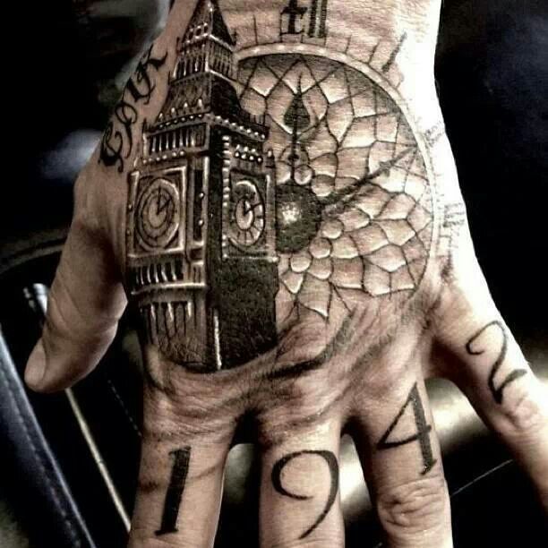 Black And Grey Clock With Big Ben Tattoo On Hand