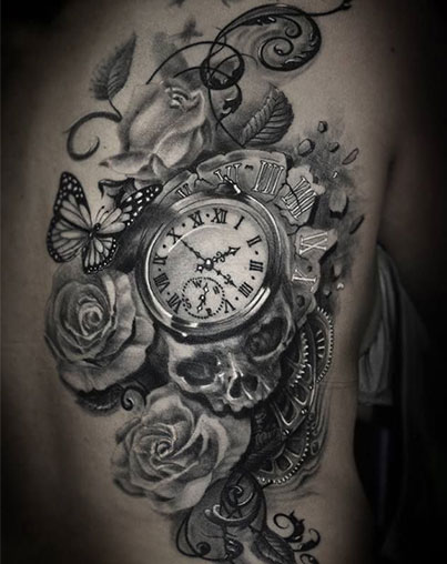 Black And Grey Clock With Skull And Roses Tattoo Design