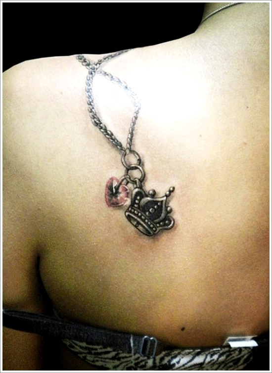 Black And Grey Crown Locket Tattoo On Left Back Shoulder