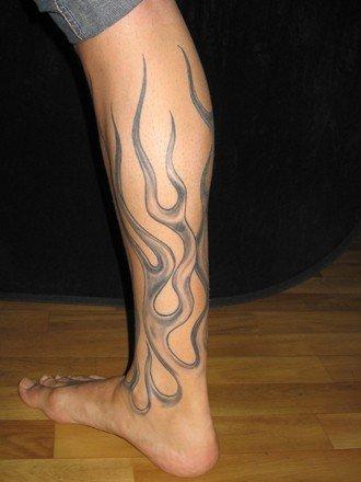 Black And Grey Flame Tattoo On Leg Calf