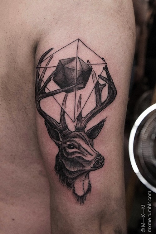 Black And Grey Geometric Deer Head Tattoo On Half Sleeve