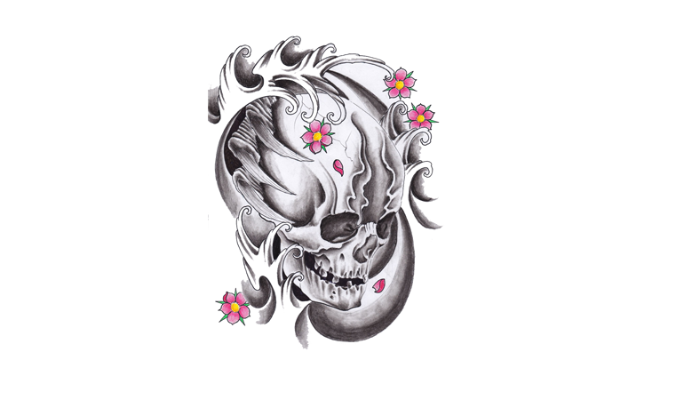 Black And Grey Japanese Skull With Flowers Tattoo Design