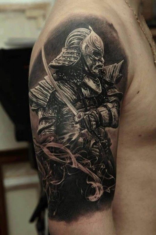 Black And Grey Japanese Warrior Tattoo On Right Shoulder By Dmitriy Samohin