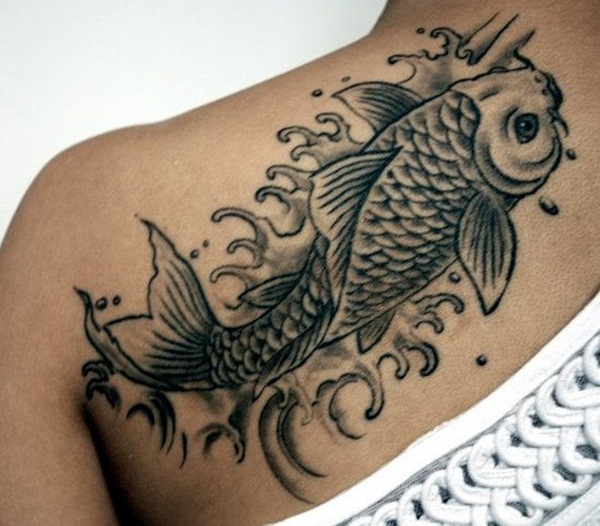 Black And Grey Koi Fish Tattoo Design For Shoulder