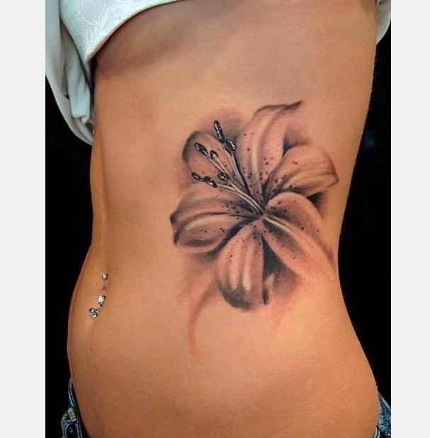 Black And Grey Lily Tattoo On Girl Side Rib