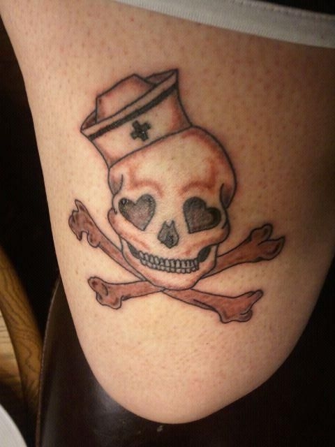 Black And Grey Nurse Danger Skull Tattoo Design