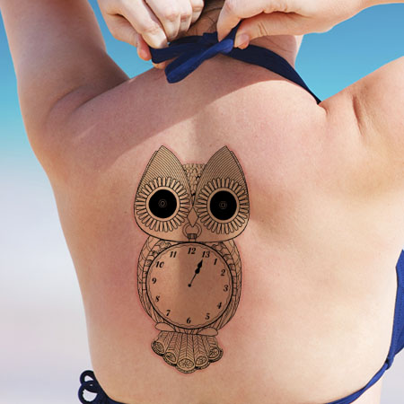 Black And Grey Owl Clock Tattoo On Upper Back