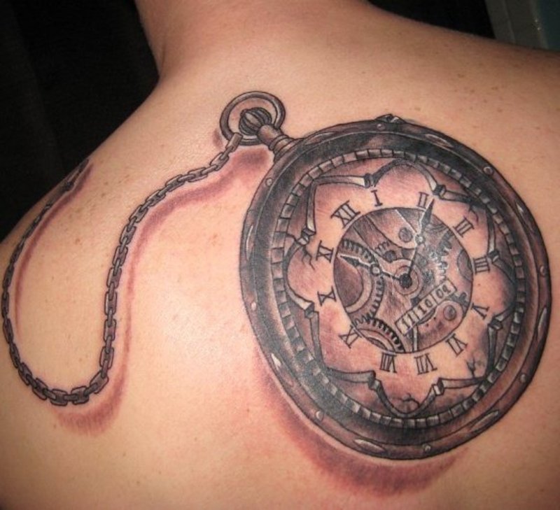 Black And Grey Pocket Watch Tattoo On Upper Back