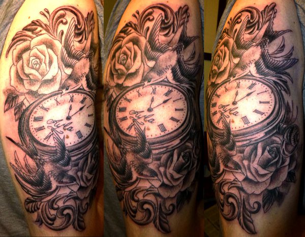Black And Grey Pocket Watch With Bird And Rose Tattoo Design
