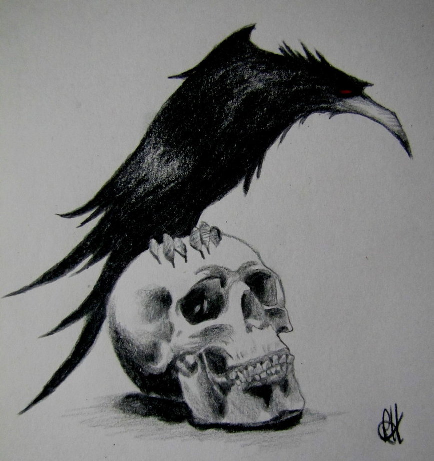 Black And Grey Raven On Skull Tattoo Design By Bekka