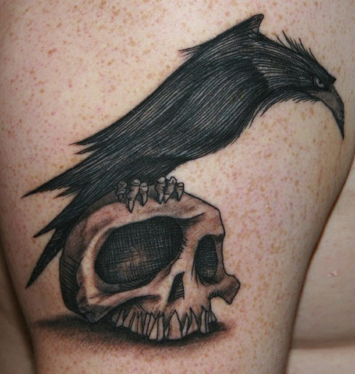 Black And Grey Raven On Skull Tattoo Design