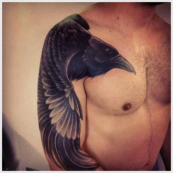 Black And Grey Raven Tattoo On Man Right Half Sleeve