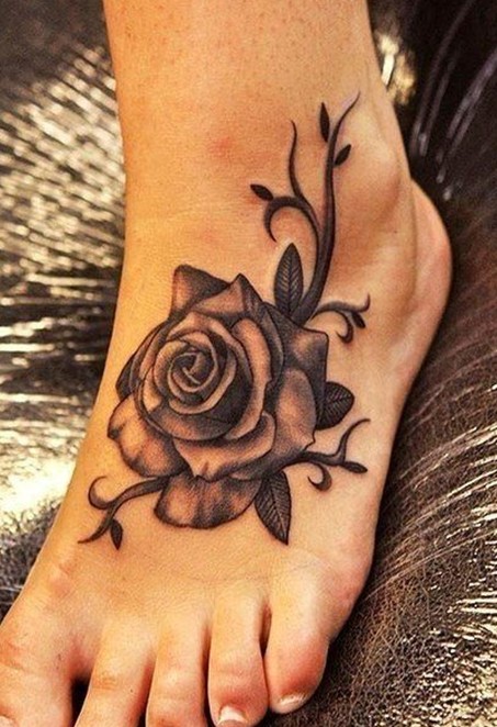 Black And Grey Rose Tattoo On Left Foot For Women