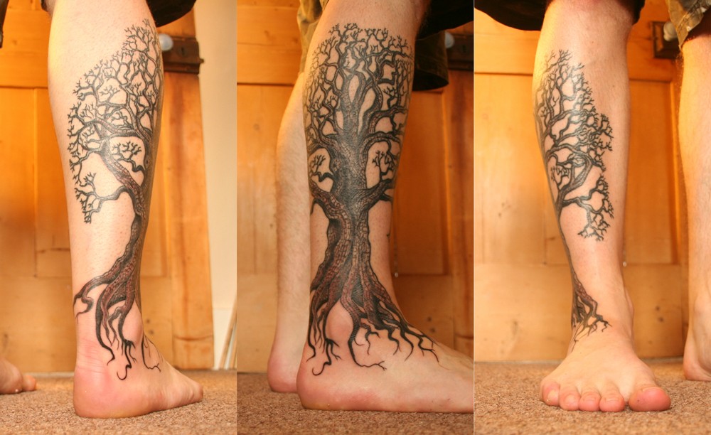 Black And Grey Tree Without Leaf Tattoo On Leg calf