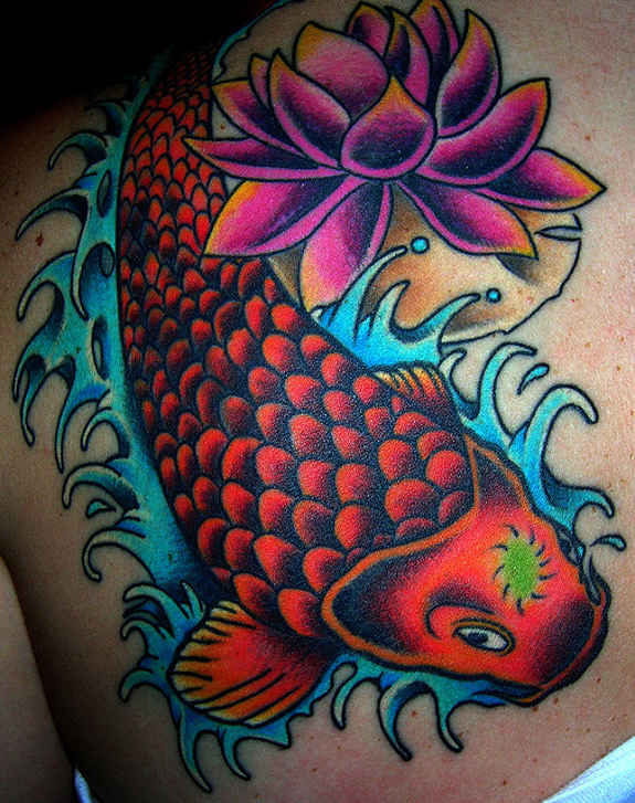 Black And Red Koi Fish With Pink Lotus Tattoo Design