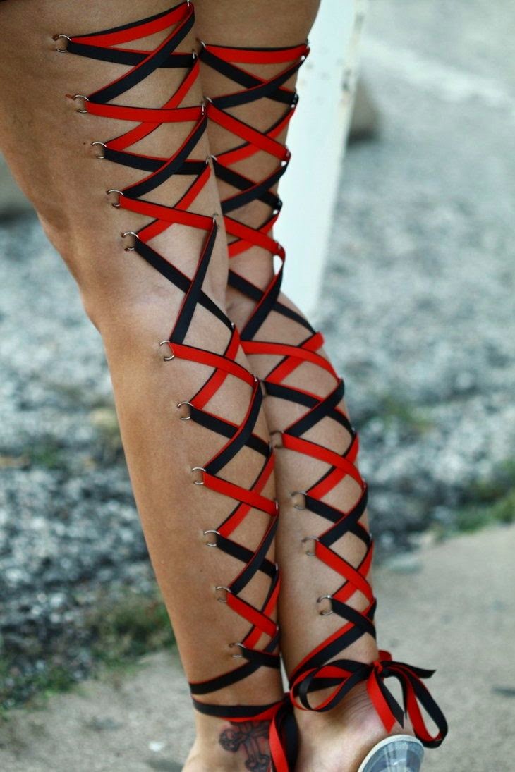 Black And Red Ribbon Corset Leg Piercing