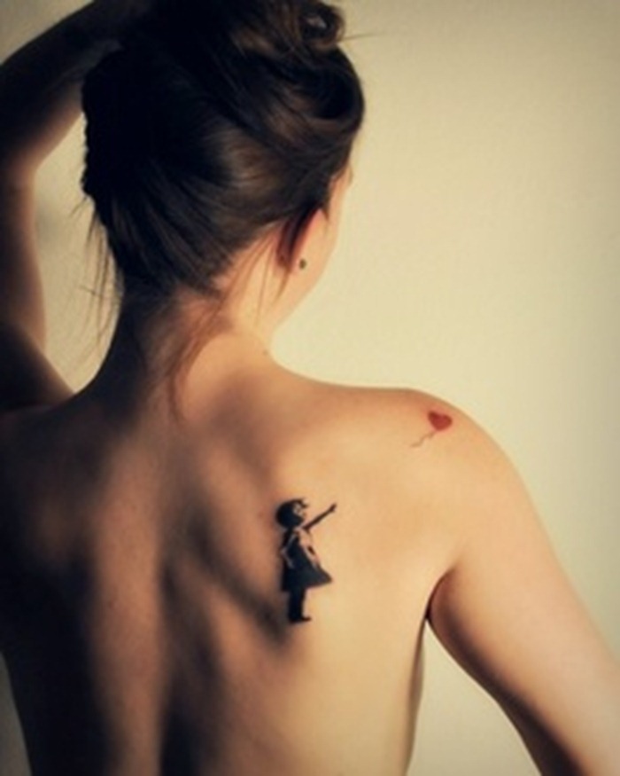 Black Banksy Girl With Red Heart Balloon Tattoo On Women Right Back Shoulder