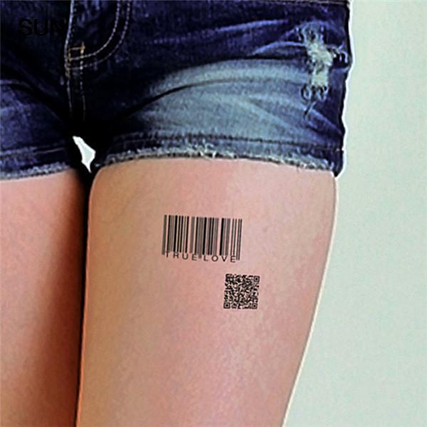 Black Barcode And Qr Code Tattoo On Thigh