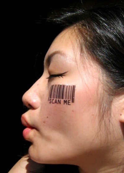 Black Barcode Tattoo On Girl Face
