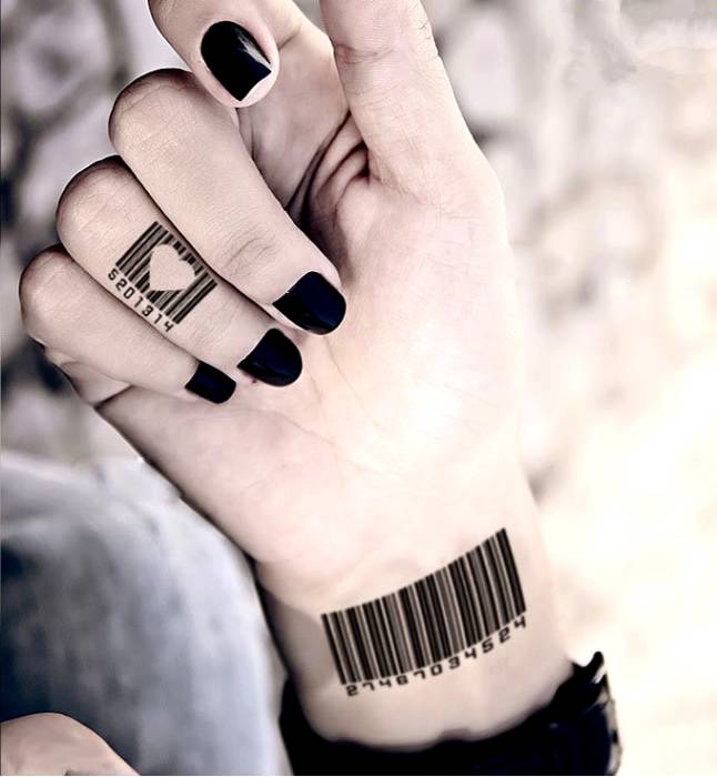 Black Barcode Tattoo On Girl Wrist And Finger
