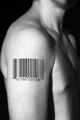 Black Barcode Tattoo On Man Right Shoulder