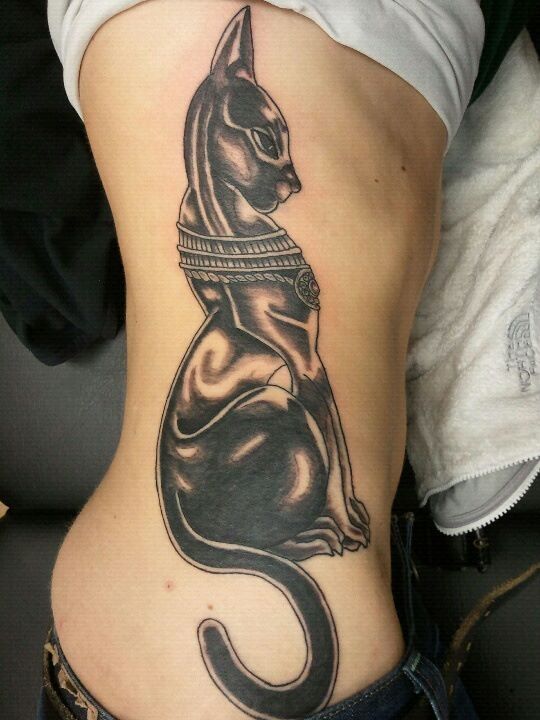Black Bastet Tattoo On Girl Side Rib