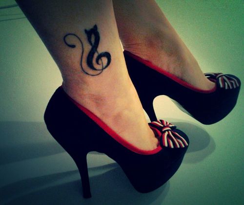 Black Cat And Violin Key Tattoo On Ankle