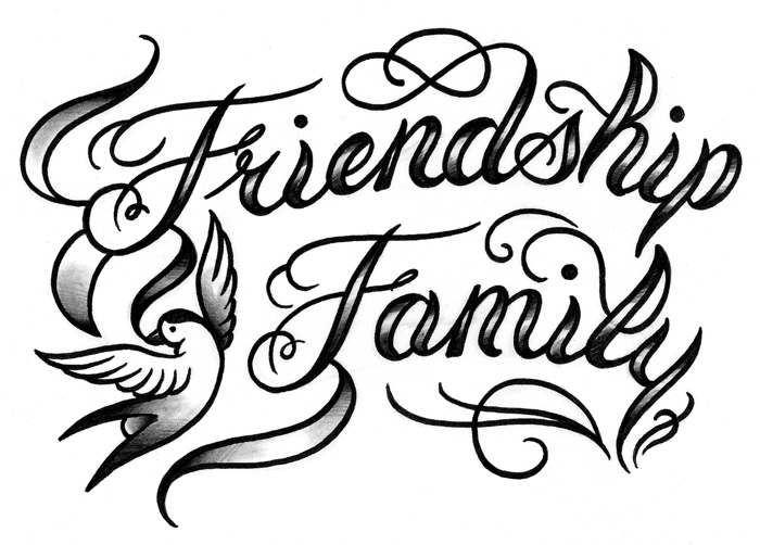 Black Friendship Family Lettering With Flying Bird Tattoo Design