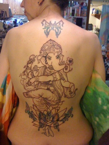 Black Ganesha On Lotus Tattoo On Full Back By Brooke Hunter
