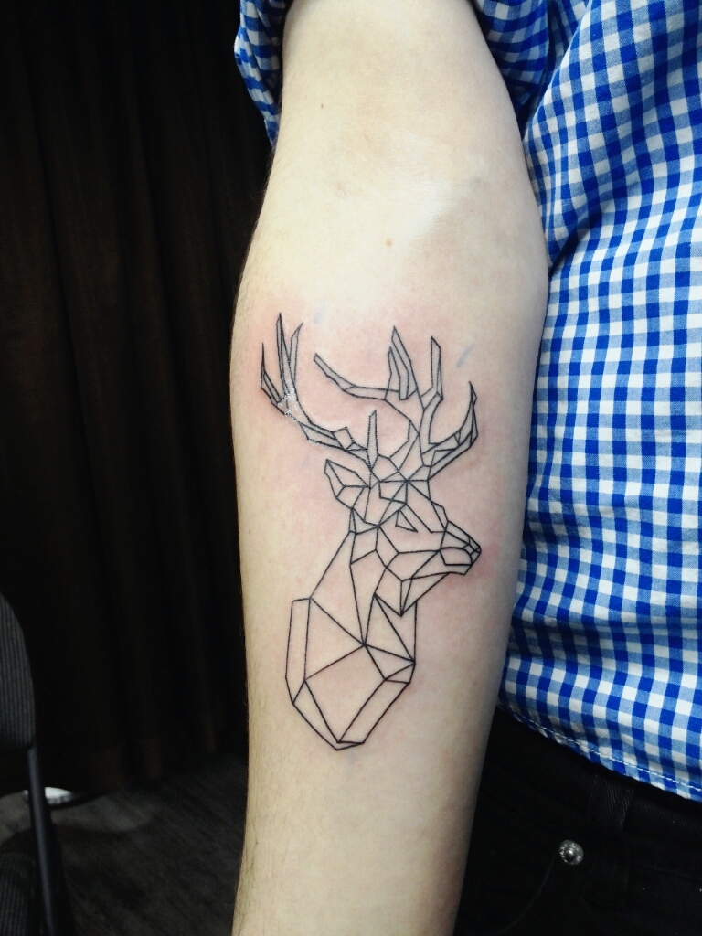Black Geometric Deer Head Tattoo On Forearm
