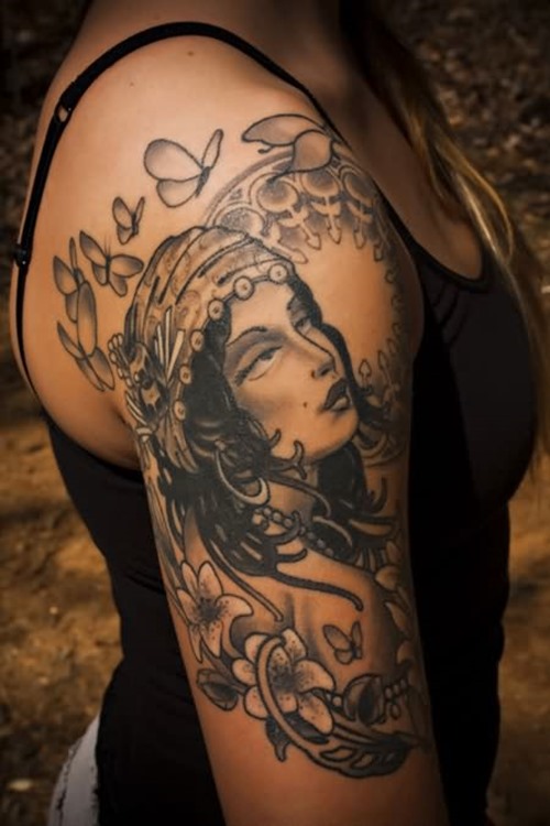 Black Gypsy Head With Flying Butterflies Tattoo On Right Shoulder